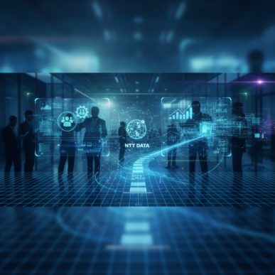 Abstract representation of data flowing into a human silhouette, illustrating HR systems integration and AI transformation.