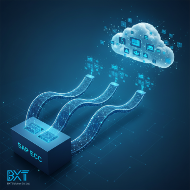 Digital on-ramp graphics with directional arrows leading towards a cloud icon, symbolizing different migration paths for enterprise resource planning.