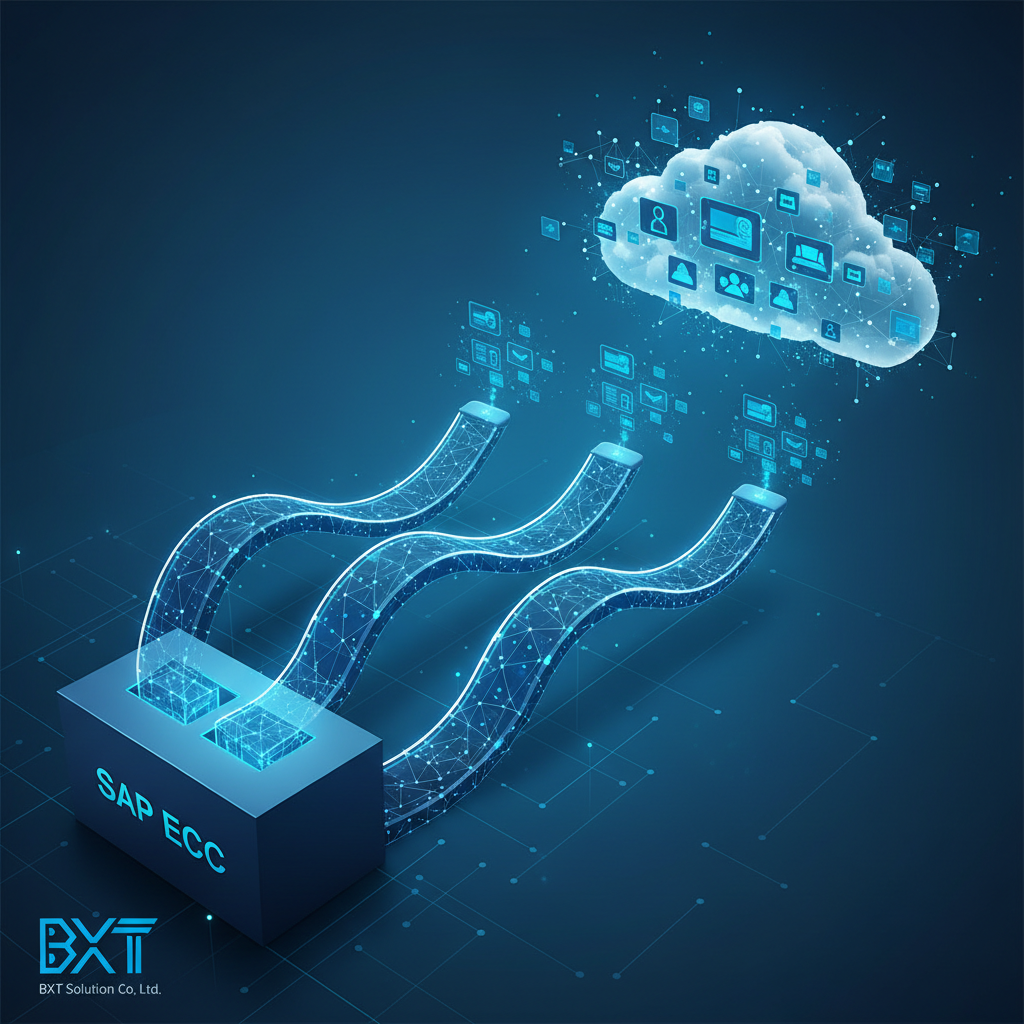 Digital on-ramp graphics with directional arrows leading towards a cloud icon, symbolizing different migration paths for enterprise resource planning.