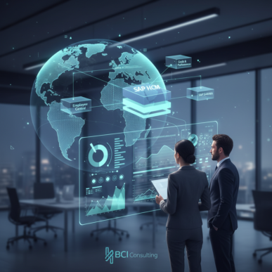 Digital representation of enterprise resource planning modules with data flowing between interconnected systems, symbolizing integration.