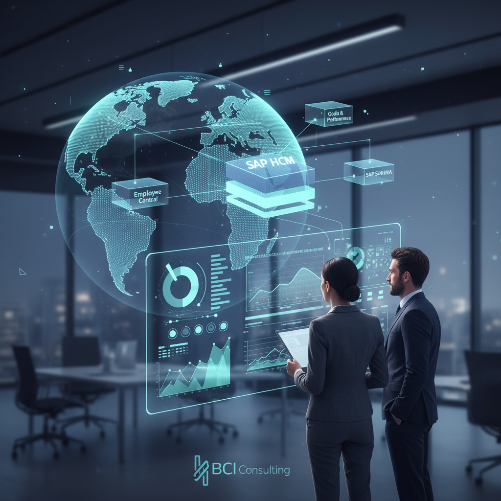 Digital representation of enterprise resource planning modules with data flowing between interconnected systems, symbolizing integration.