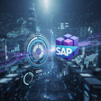 Abstract digital visualization of connected systems, data streams, and intertwined corporate logos, representing enterprise software integration.