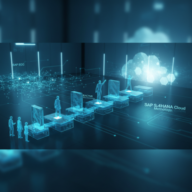 A central blue glow connects data streams representing SAP S/4HANA Cloud transformation.