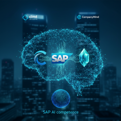 Two business leaders shake hands before a holographic SAP interface displaying AI algorithms and data flows.