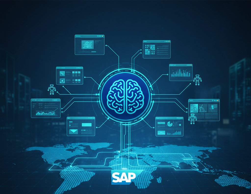 Abstract representation of digital pathways and AI neural networks interacting with SAP modules on a sleek interface.