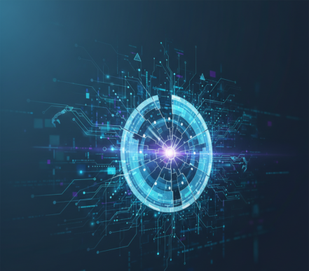 Stylized graphic representing data flow and secure access within an autonomous enterprise system.