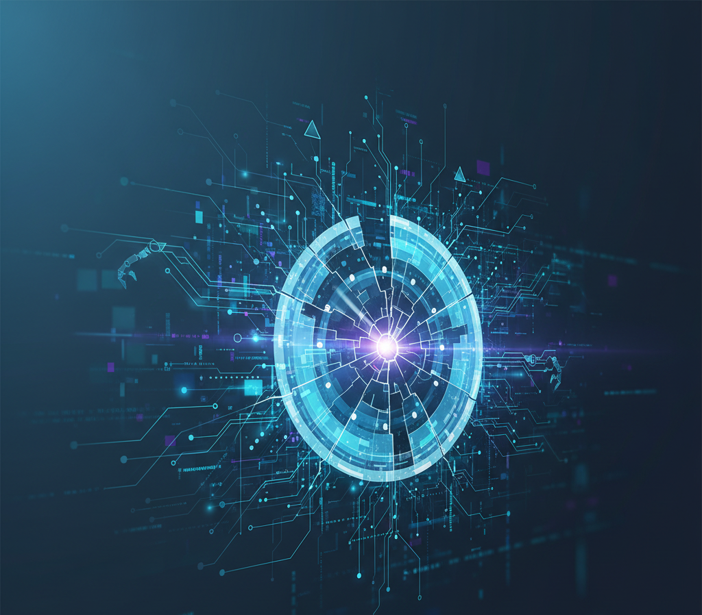 Stylized graphic representing data flow and secure access within an autonomous enterprise system.