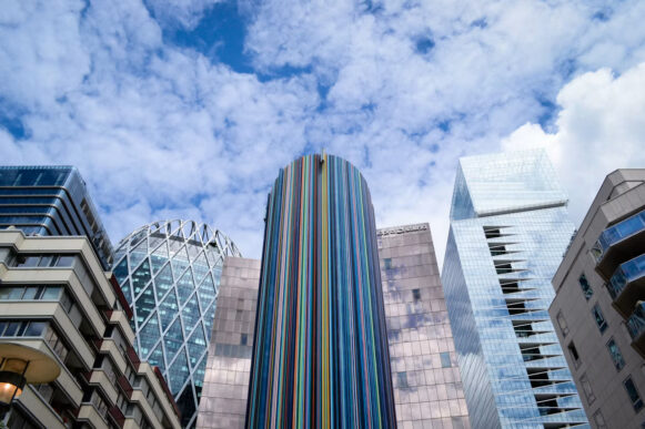 La Défense business district near Paris with modern office towers and the colorful Moretti installation