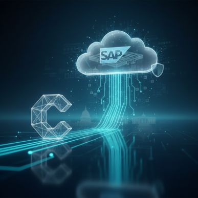A blue and teal conceptual image representing CACI’s federal portfolio expansion and SAP cloud compliance