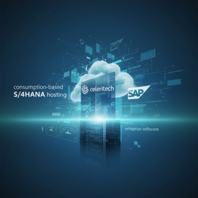 Abstract digital visualization of S/4HANA data flowing through secure cloud infrastructure, representing consumption-based hosting services.