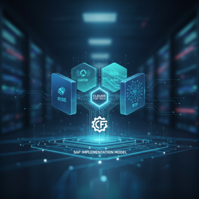 Abstract digital cityscape showcasing interconnected SAP modules like RISE and Ariba within a unified framework, against deep blue and teal tones.