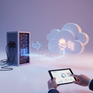 Abstract digital visualization of data flowing between on-premise servers and a cloud network.
