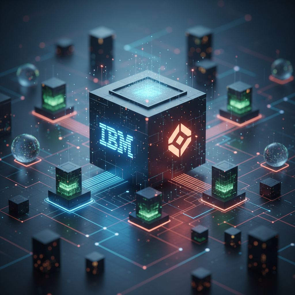 Digital representation of enterprise data flowing through interconnected systems with abstract AI elements