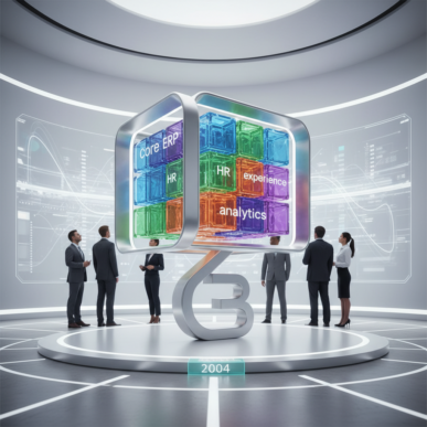 Abstract 3D render of interconnected digital elements representing enterprise software and data flow.