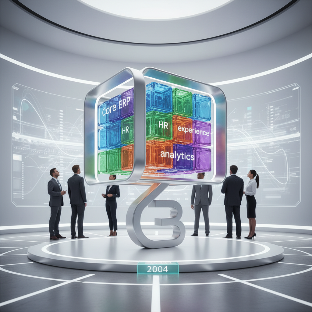 Abstract 3D render of interconnected digital elements representing enterprise software and data flow.