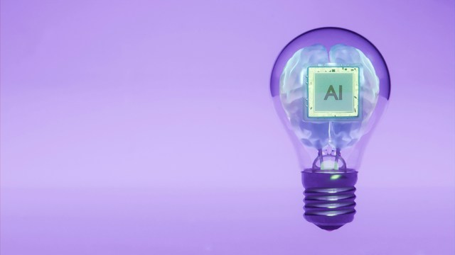 Transparent lightbulb containing a glowing human brain and an AI chip against a purple background, representing an AI-ready SAP transformation built on a clean core and trusted ERP data.