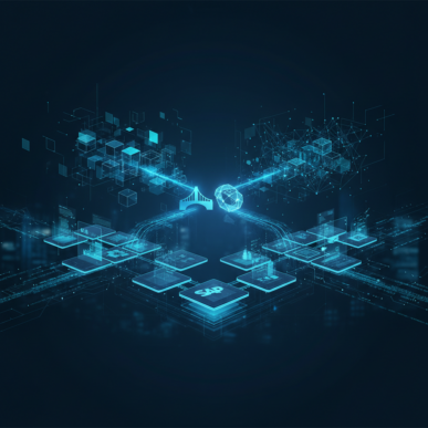 Abstract digital landscape with intertwined data streams, symbolizing a strategic technology alliance and business transformation