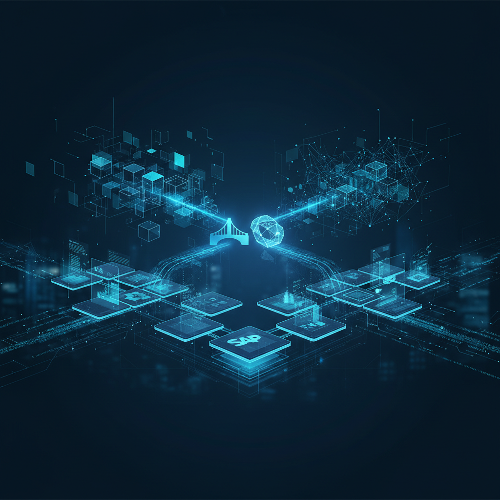 Abstract digital landscape with intertwined data streams, symbolizing a strategic technology alliance and business transformation