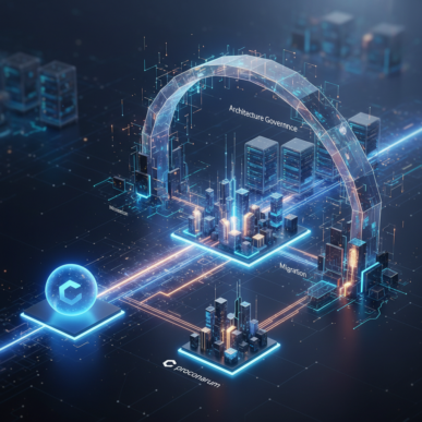 Abstract 3D render illustrating data migration between systems, featuring interconnected nodes and flowing data streams in a corporate setting.