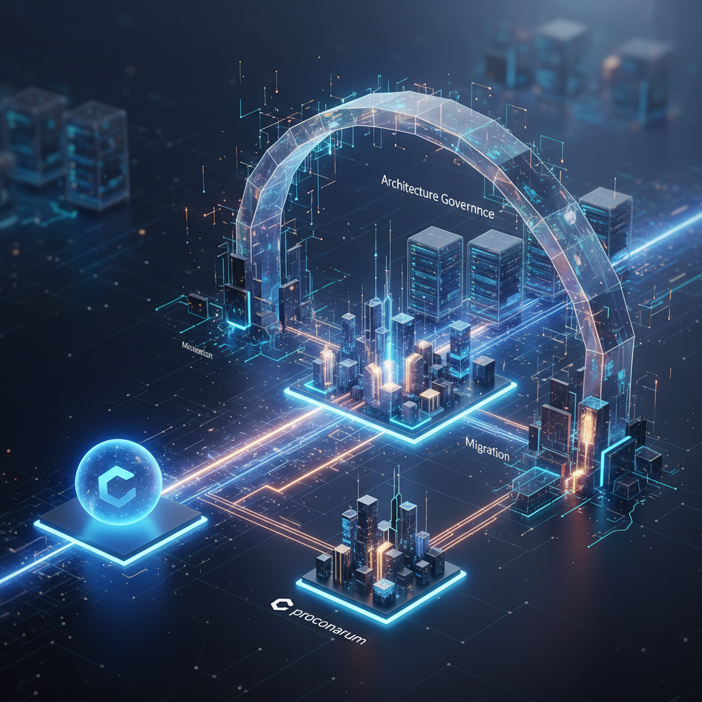 Abstract 3D render illustrating data migration between systems, featuring interconnected nodes and flowing data streams in a corporate setting.