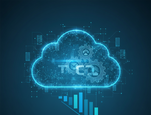 Abstract rendering of financial data flows and a stylized server rack, hinting at cloud infrastructure costs.