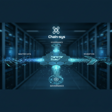 Abstract digital network representing master data flowing through a consolidated SAP environment, governance structures evident.