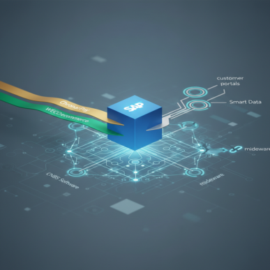 Abstract digital connections visualizing data flow to a central enterprise resource planning system.